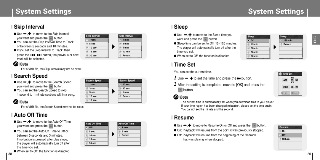 Samsung YP-T7J manual Skip Interval, Sleep, Search Speed, Time Set, Auto Off Time, Resume 