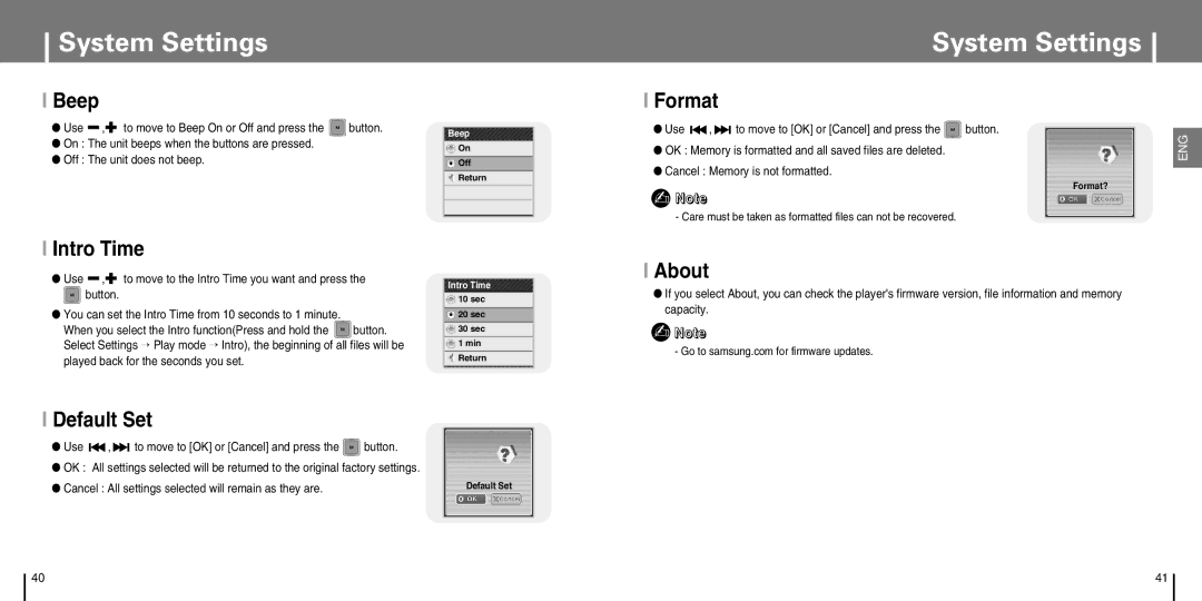 Samsung YP-T7J manual Beep, Intro Time, Default Set, Format, About 