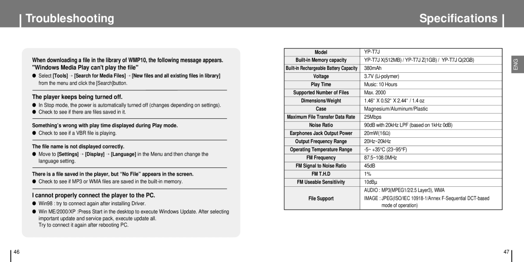 Samsung YP-T7J manual Specifications 