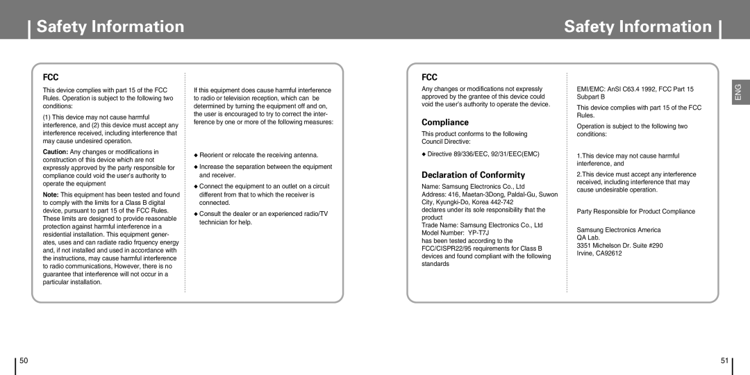 Samsung YP-T7J manual Safety Information, Fcc 