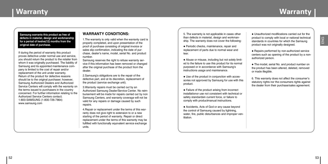 Samsung YP-T7J manual Warranty Conditions 