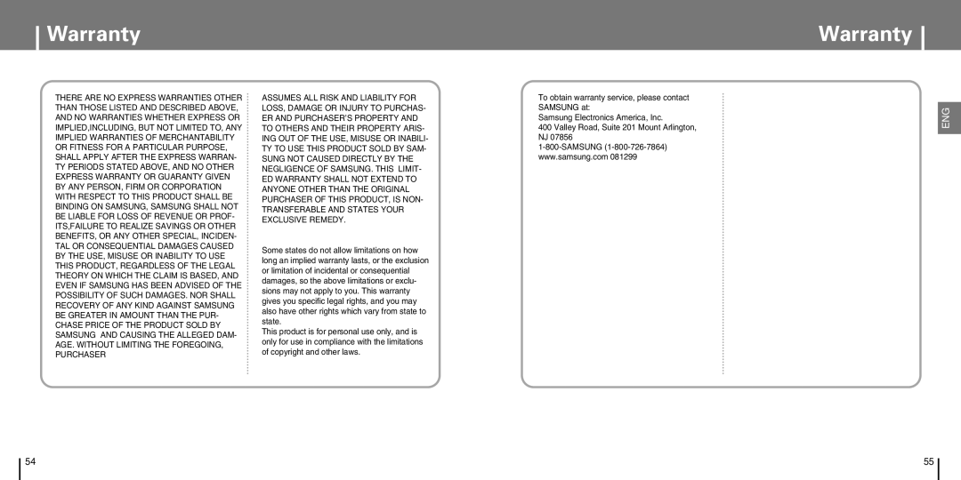 Samsung YP-T7J manual Warranty 