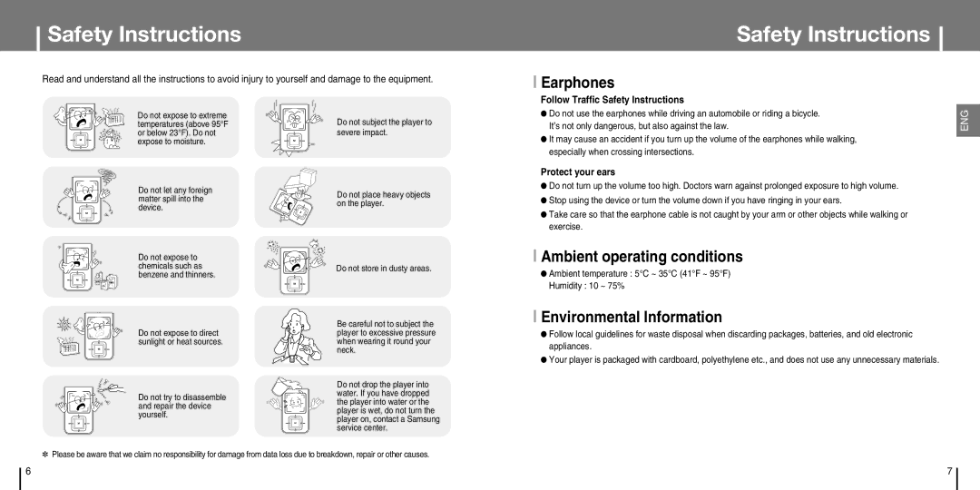 Samsung YP-T7J manual Safety Instructions, Ambient temperature 5C ~ 35C 41F ~ 95F Humidity 10 ~ 75% 