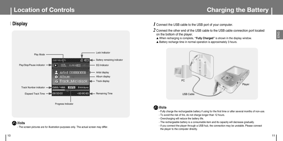 Samsung YP-T7J manual Location of Controls Charging the Battery, Display 