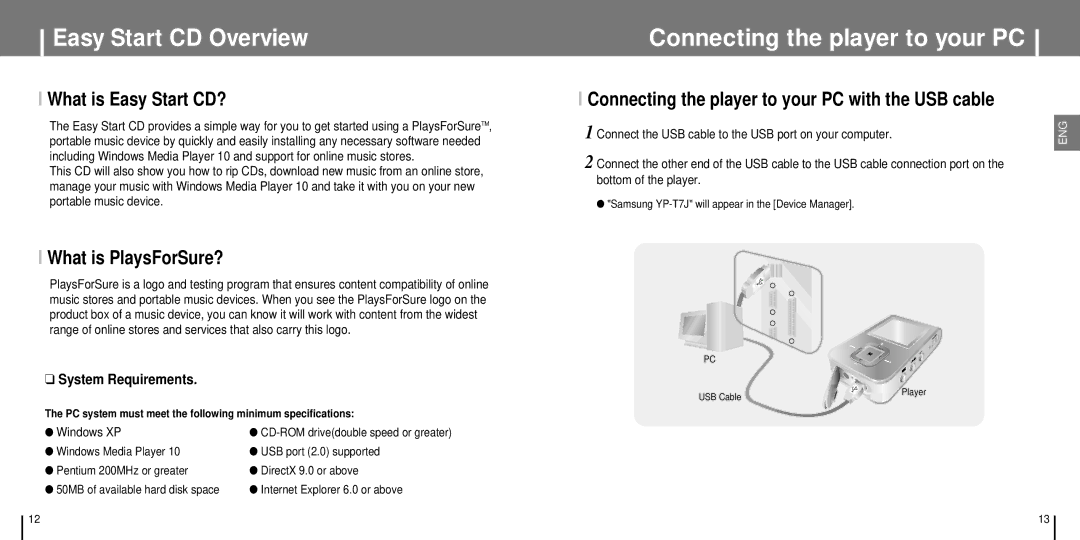 Samsung YP-T7J Easy Start CD Overview, Connecting the player to your PC, What is Easy Start CD?, What is PlaysForSure? 