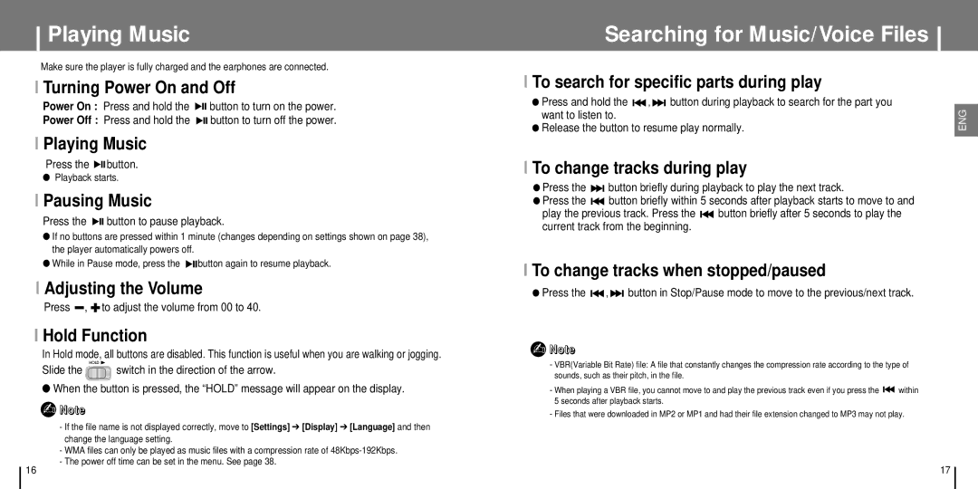 Samsung YP-T7J manual Playing Music, Searching for Music/Voice Files 