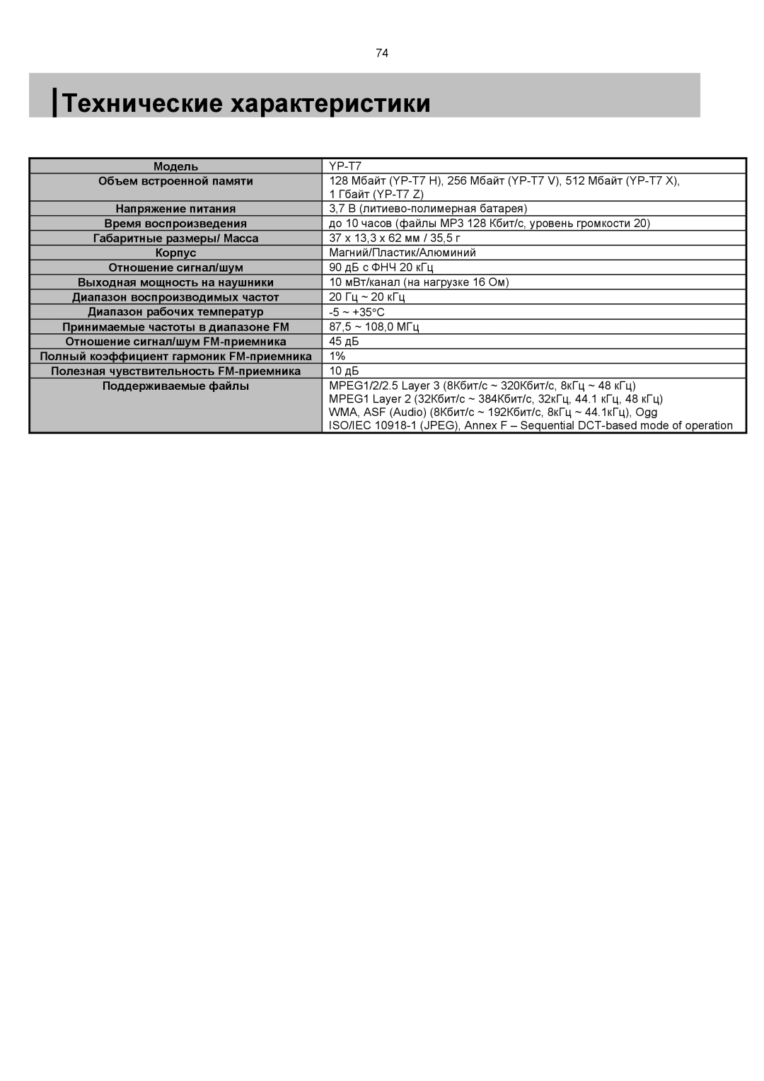 Samsung YP-T7V/XFO, YP-T7X/XFO manual Технические характеристики 