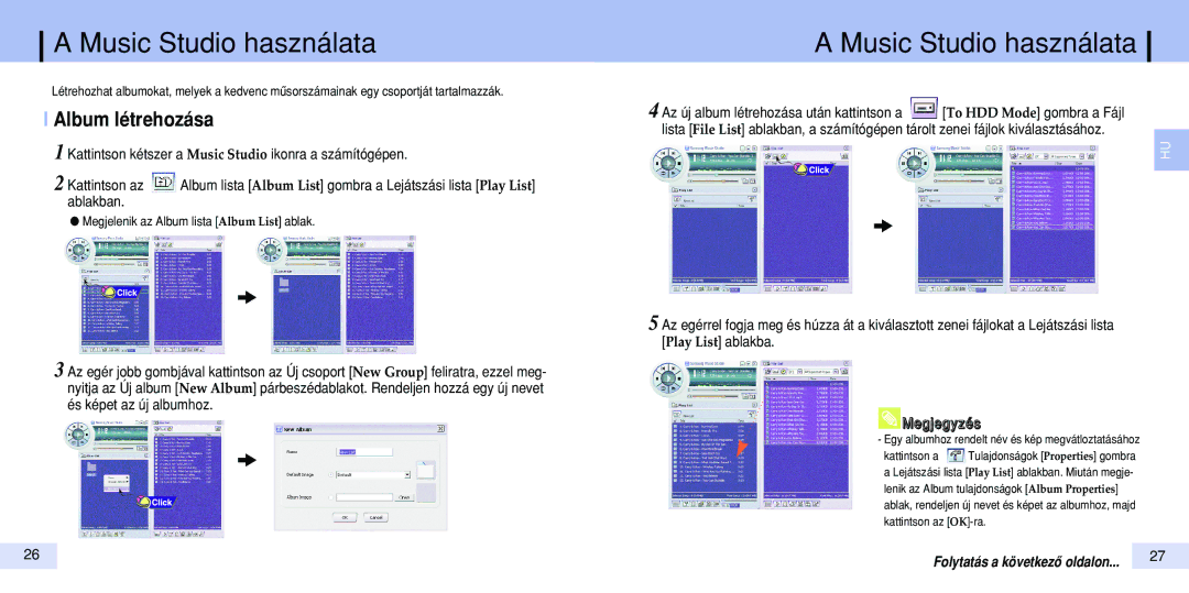 Samsung YP-T7V/ELS, YP-T7Z/ELS, YP-T7X/ELS manual Music Studio használata, Album létrehozása 
