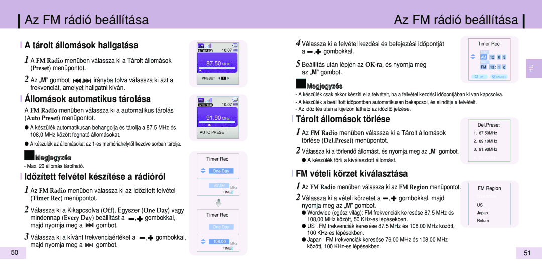 Samsung YP-T7V/ELS, YP-T7Z/ELS manual Tárolt állomások hallgatása, Állomások automatikus tárolása, Tárolt állomások törlése 