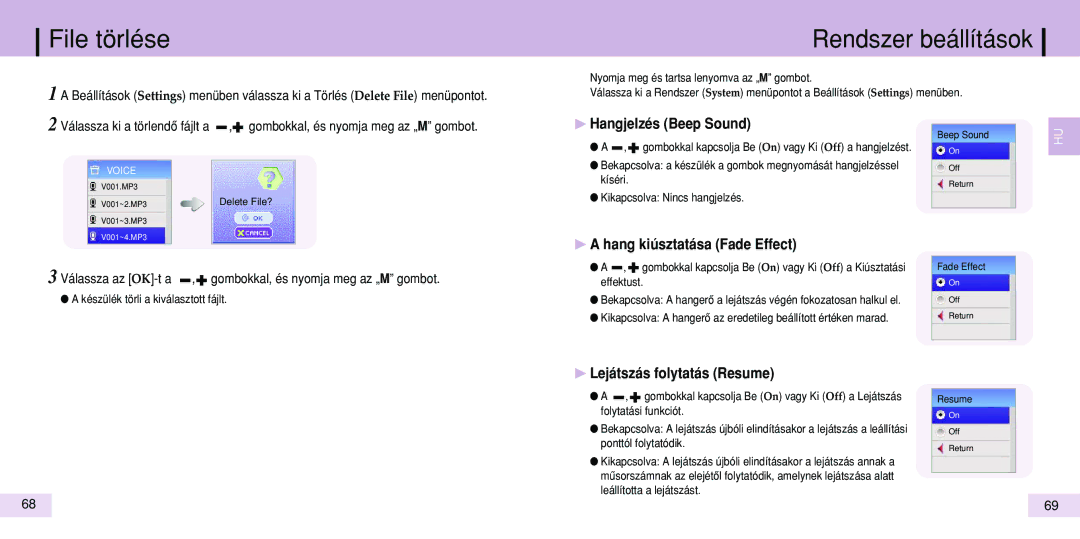 Samsung YP-T7V/ELS manual File törlése, Rendszer beállítások, ❿ Hangjelzés Beep Sound, ❿ a hang kiúsztatása Fade Effect 