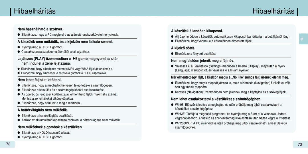 Samsung YP-T7X/ELS, YP-T7Z/ELS, YP-T7V/ELS manual Hibaelhárítás, Nem lehet fájlokat letölteni 