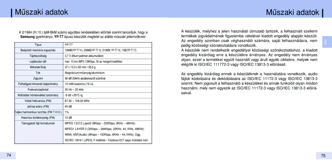 Samsung YP-T7V/ELS, YP-T7Z/ELS, YP-T7X/ELS manual Mûszaki adatok 