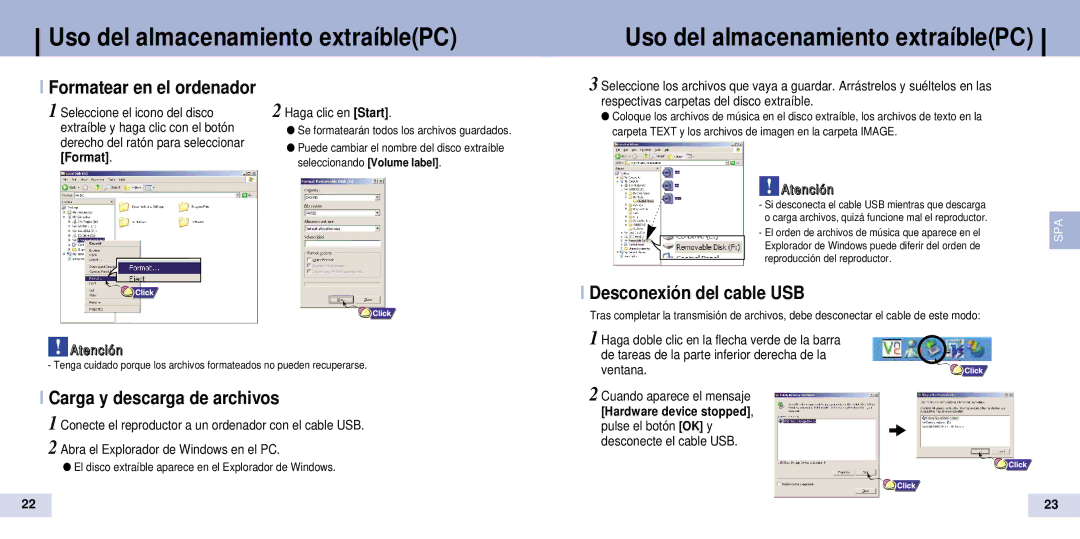 Samsung YP-T7Z/ELS Uso del almacenamiento extraíblePC, Desconexión del cable USB, Carga y descarga de archivos, Atenció n 