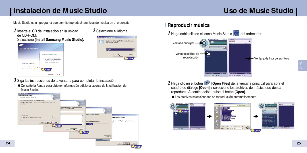 Samsung YP-T7X/ELS, YP-T7Z/ELS manual Instalación de Music Studio, Uso de Music Studio, Reproducir música 