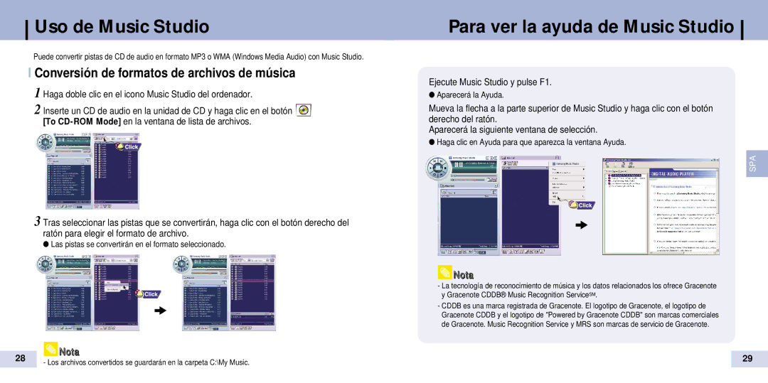 Samsung YP-T7Z/ELS, YP-T7X/ELS manual Para ver la ayuda de Music Studio, Conversión de formatos de archivos de música 