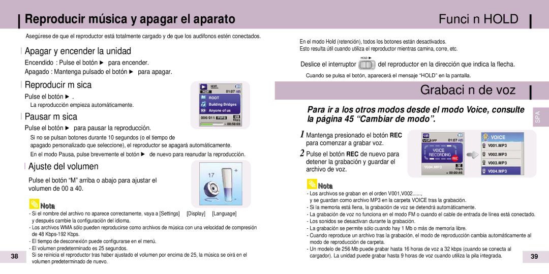 Samsung YP-T7Z/ELS, YP-T7X/ELS manual Reproducir música y apagar el aparato, Función Hold, Grabación de voz 