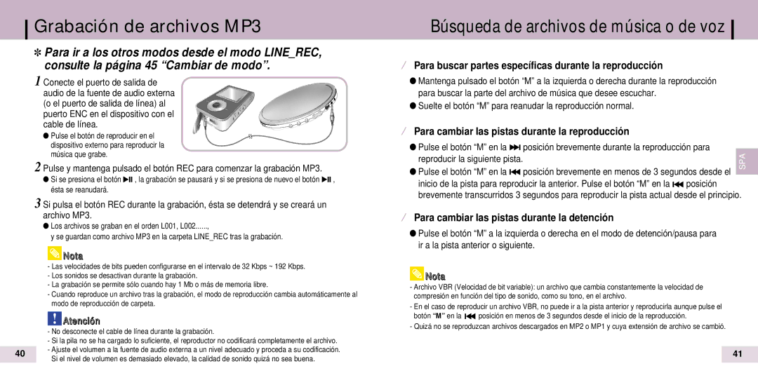 Samsung YP-T7X/ELS, YP-T7Z/ELS manual Grabación de archivos MP3, ¤ Para buscar partes específicas durante la reproducción 