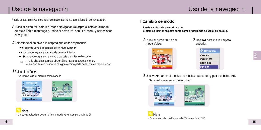 Samsung YP-T7X, YP-T7Z/ELS Uso de la navegación, Cambio de modo, Seleccione el archivo o la carpeta que desee reproducir 