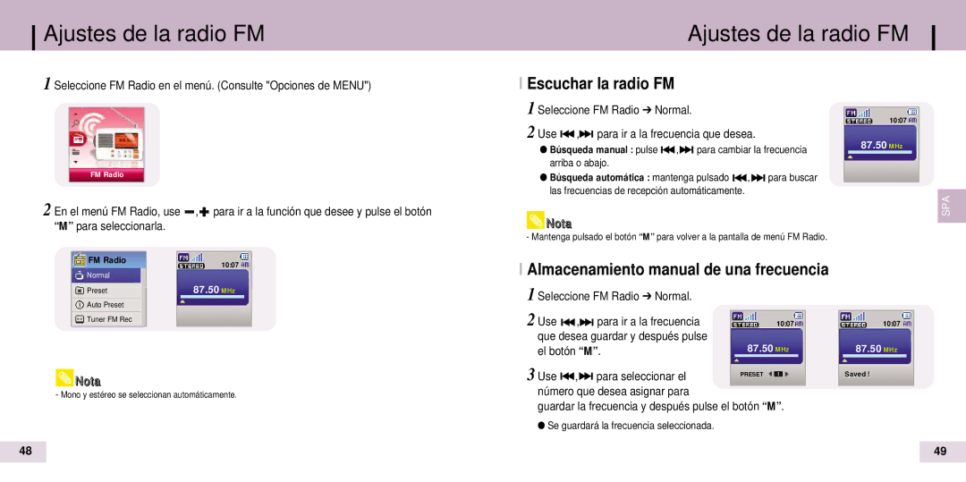 Samsung YP-T7X/ELS, YP-T7Z/ELS manual Ajustes de la radio FM, Escuchar la radio FM 