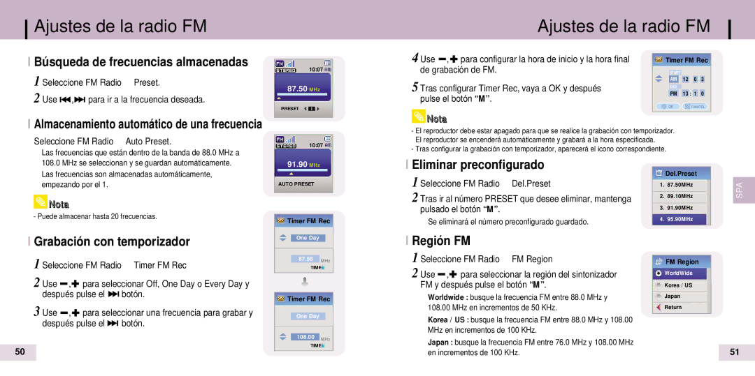 Samsung YP-T7Z, YP-T7X Búsqueda de frecuencias almacenadas, Eliminar preconfigurado, Grabación con temporizador, Región FM 