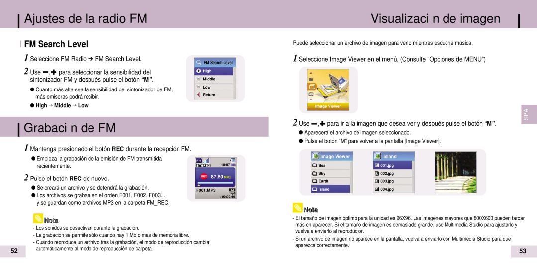 Samsung YP-T7Z/ELS, YP-T7X/ELS manual Ajustes de la radio FM Visualización de imagen, Grabación de FM, FM Search Level 