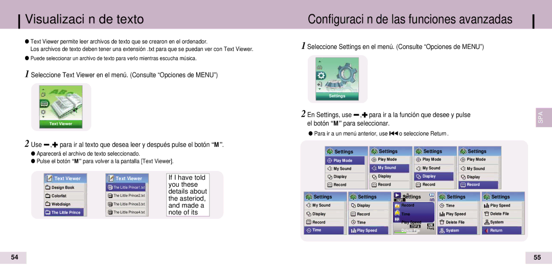 Samsung YP-T7Z/ELS, YP-T7X/ELS manual Visualización de texto, Seleccione Settings en el menú. Consulte Opciones de Menu 