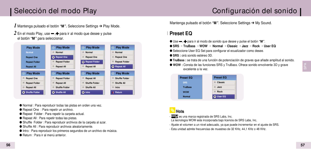 Samsung YP-T7X/ELS, YP-T7Z/ELS manual Selección del modo Play, Configuración del sonido, Preset EQ 