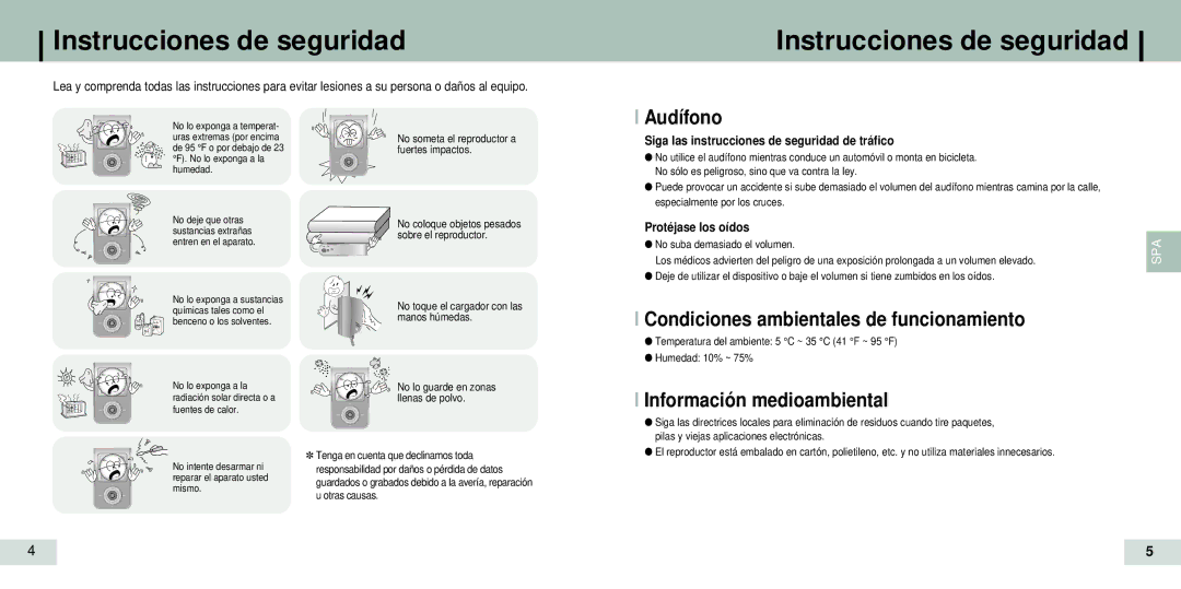 Samsung YP-T7X Instrucciones de seguridad, Audífono, Condiciones ambientales de funcionamiento, Información medioambiental 