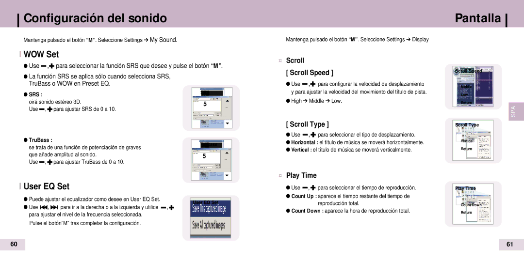 Samsung YP-T7Z/ELS, YP-T7X/ELS manual Pantalla, WOW Set, User EQ Set 