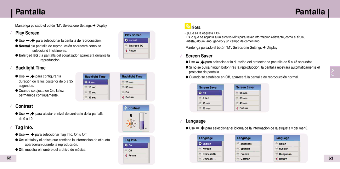 Samsung YP-T7Z/ELS, YP-T7X/ELS manual ¤ Play Screen, ¤ Screen Saver, ¤ Backlight Time, ¤ Contrast, ¤ Tag Info, ¤ Language 