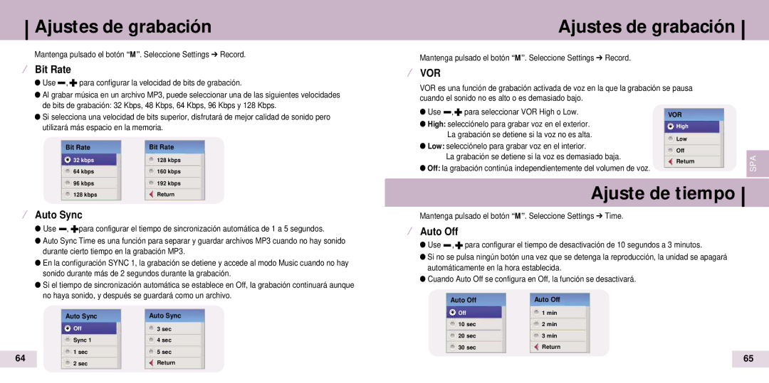 Samsung YP-T7X/ELS, YP-T7Z/ELS manual Ajustes de grabación, Ajuste de tiempo, ¤ Bit Rate, ¤ Auto Sync, ¤ Auto Off 