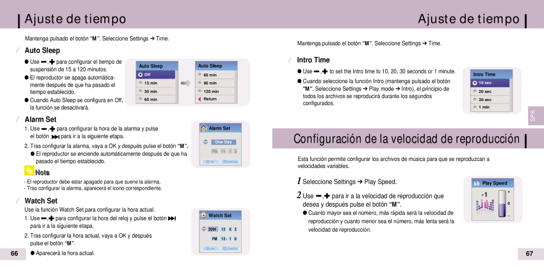 Samsung YP-T7Z/ELS, YP-T7X/ELS manual ¤ Auto Sleep, ¤ Intro Time, ¤ Alarm Set, Seleccione Settings Play Speed 