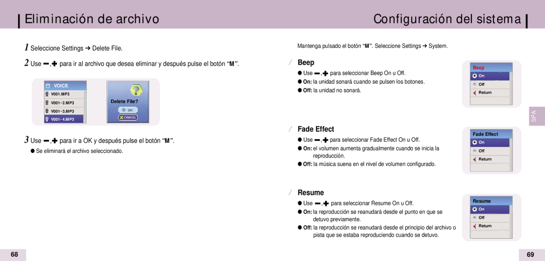 Samsung YP-T7Z/ELS, YP-T7X/ELS manual Eliminación de archivo Configuración del sistema, ¤ Beep, ¤ Resume 