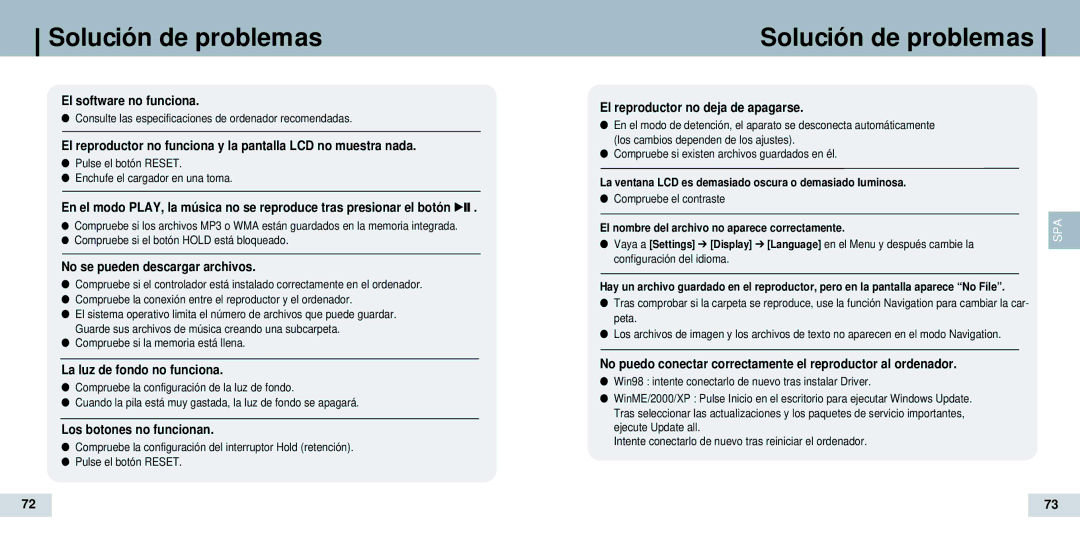 Samsung YP-T7X/ELS Solución de problemas, Consulte las especificaciones de ordenador recomendadas, Compruebe el contraste 