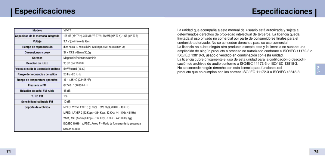 Samsung YP-T7Z/ELS, YP-T7X/ELS manual Especificaciones 