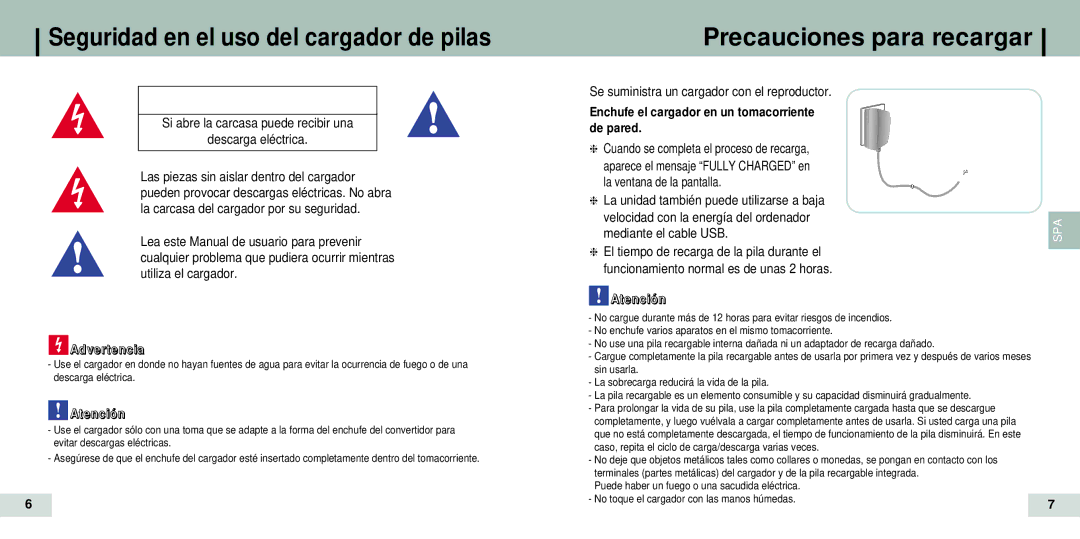 Samsung YP-T7Z/ELS, YP-T7X Seguridad en el uso del cargador de pilas, Precauciones para recargar, Mediante el cable USB 