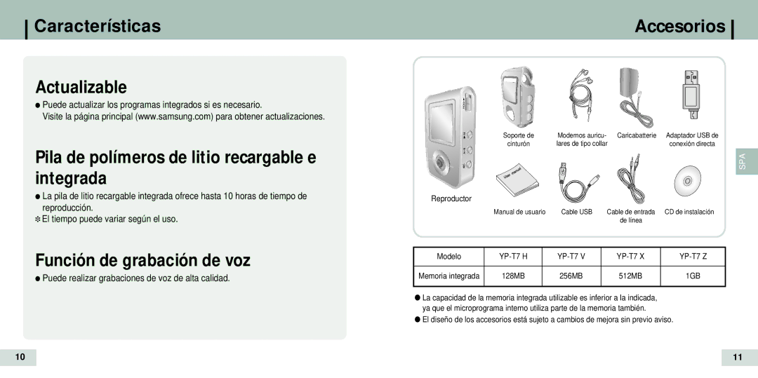 Samsung YP-T7Z/ELS, YP-T7X Características Actualizable, Pila de polímeros de litio recargable e integrada, Accesorios 