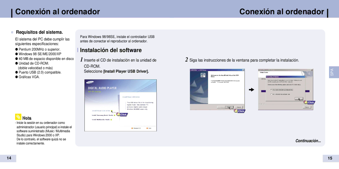 Samsung YP-T7Z/ELS, YP-T7X/ELS manual Conexión al ordenador, Instalación del software, ¤ Requisitos del sistema, Nota 