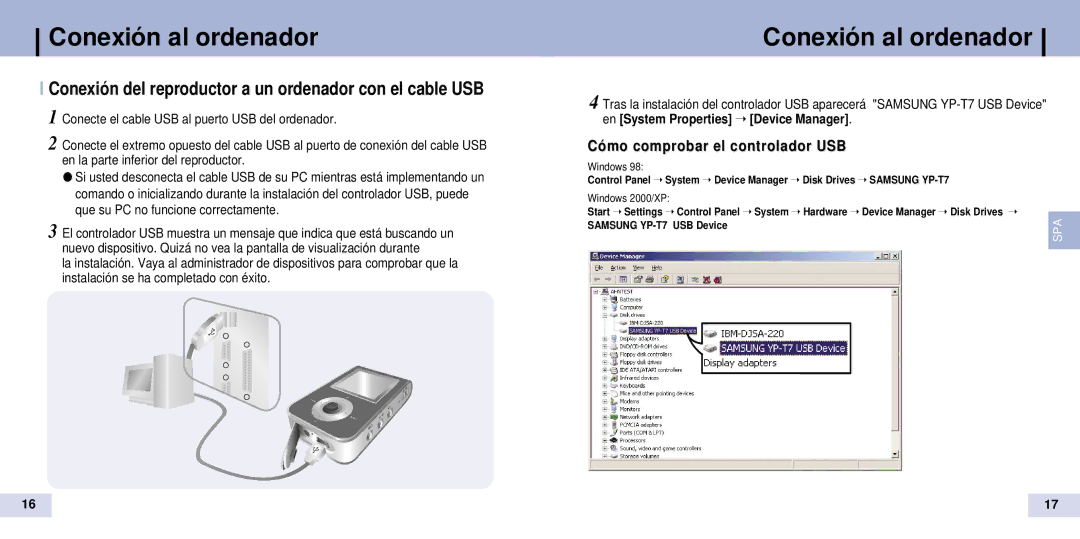 Samsung YP-T7X/ELS Conexión del reproductor a un ordenador con el cable USB, Cómo comprobar el controlador USB, Windows 