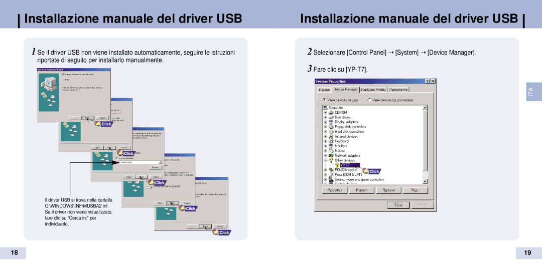 Samsung YP-T7V/CHN, YP-T7Z/ELS Installazione manuale del driver USB, Selezionare Control Panel System Device Manager 