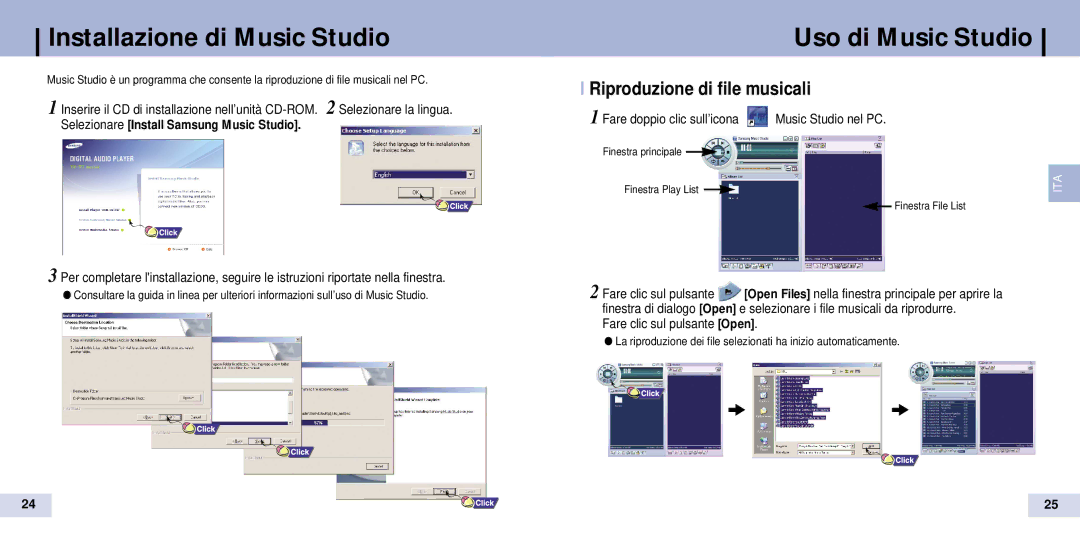 Samsung YP-T7Z/XAA, YP-T7Z/ELS manual Installazione di Music Studio, Uso di Music Studio, Riproduzione di file musicali 