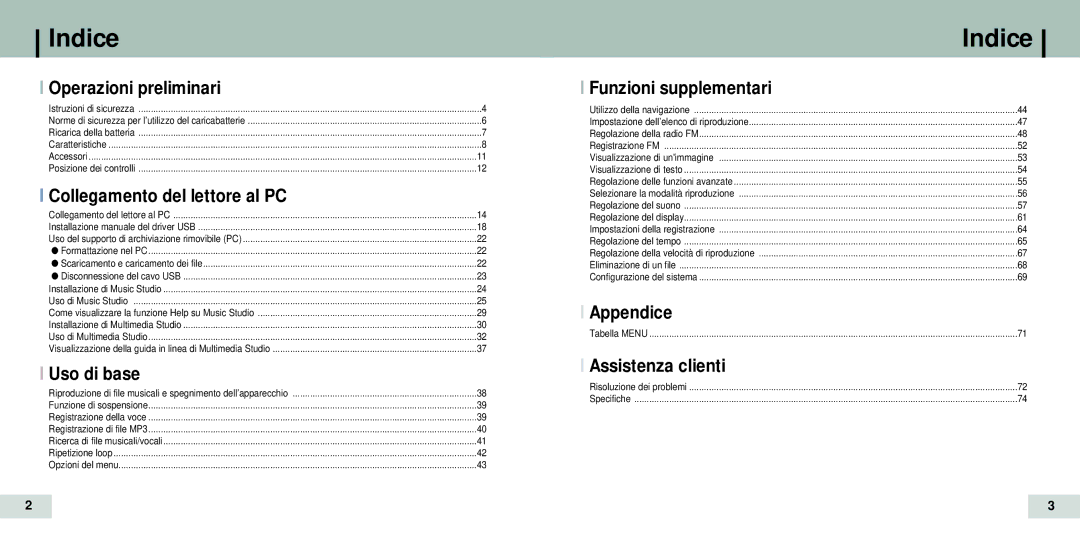 Samsung YP-T7Z/XAA, YP-T7Z/ELS, YP-T7X/ELS, YP-T7V/XFO, YP-T7Z/XSP, YP-T7H/XSV, YP-T7X/XSP manual Indice, Operazioni preliminari 