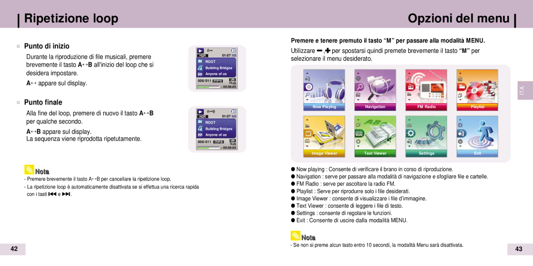 Samsung YP-T7Z/ELS, YP-T7X/ELS, YP-T7Z/XAA, YP-T7V/XFO Ripetizione loop, Opzioni del menu, ¤ Punto di inizio, ¤ Punto finale 