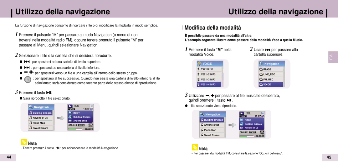 Samsung YP-T7X/ELS, YP-T7Z/ELS, YP-T7Z/XAA Utilizzo della navigazione, Modifica della modalità, Premere il tasto M nella 