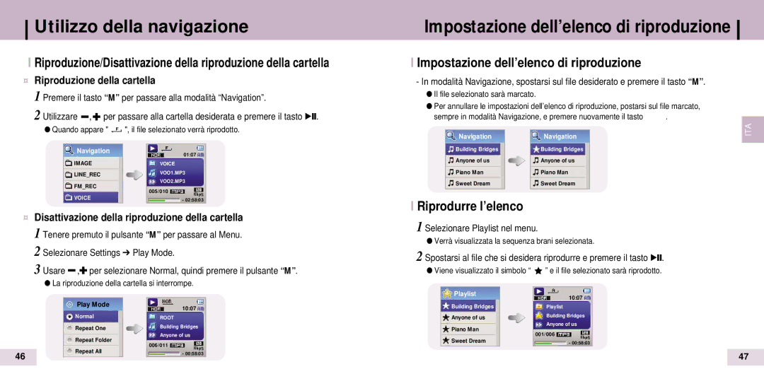 Samsung YP-T7Z/XAA manual Impostazione dell’elenco di riproduzione, Riprodurre l’elenco, ¤ Riproduzione della cartella 