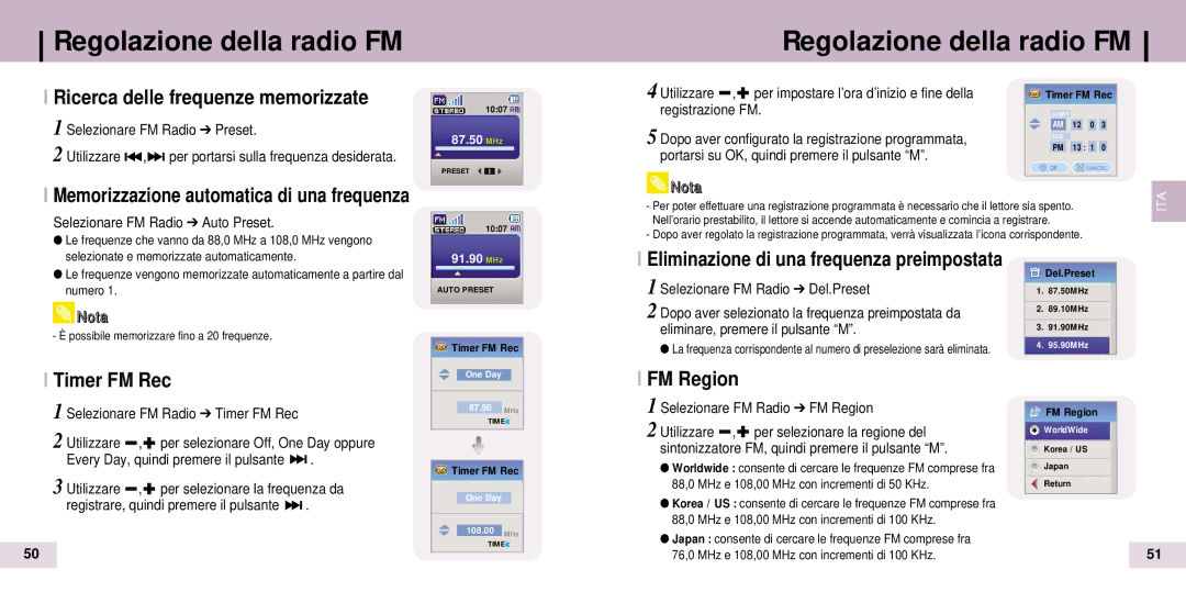 Samsung YP-T7Z/XSP, YP-T7Z/ELS, YP-T7X/ELS, YP-T7Z/XAA manual Ricerca delle frequenze memorizzate, Timer FM Rec, FM Region 