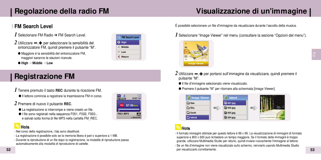 Samsung YP-T7H/XSV, YP-T7Z/ELS Regolazione della radio FM Visualizzazione di unimmagine, Registrazione FM, FM Search Level 