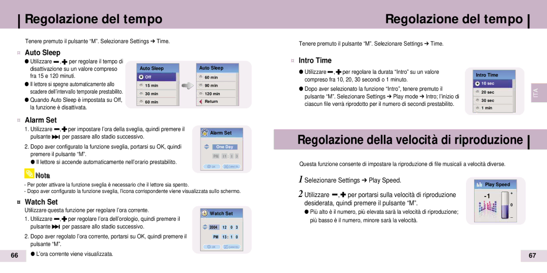 Samsung YP-T7X/ELS manual Regolazione della velocità di riproduzione, ¤ Auto Sleep, ¤ Intro Time, ¤ Alarm Set, ¤ Watch Set 