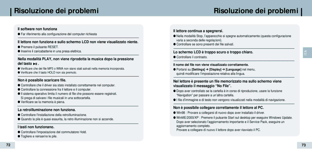 Samsung YP-T7Z/XSP, YP-T7Z/ELS manual Risoluzione dei problemi, Far riferimento alla configurazione del computer richiesta 