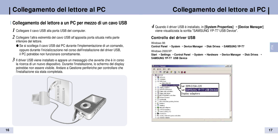 Samsung YP-T7V/XSV Collegamento del lettore a un PC per mezzo di un cavo USB, Controllo del driver USB, Windows 2000/XP 